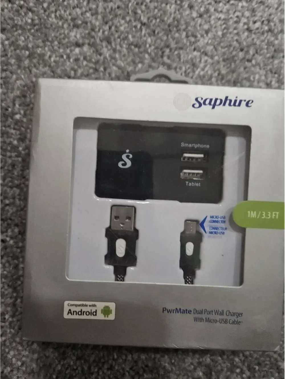 Dual Port Wall Charger With Micro Usb Cable Saphire 1m Long (Returned Items)